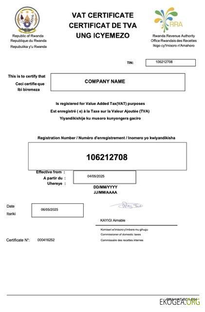 Modèle Word et PDF de certificat de TVA du Rwanda